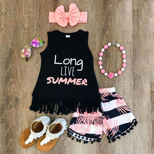 Girls Printed Fringed Top & Shorts Set