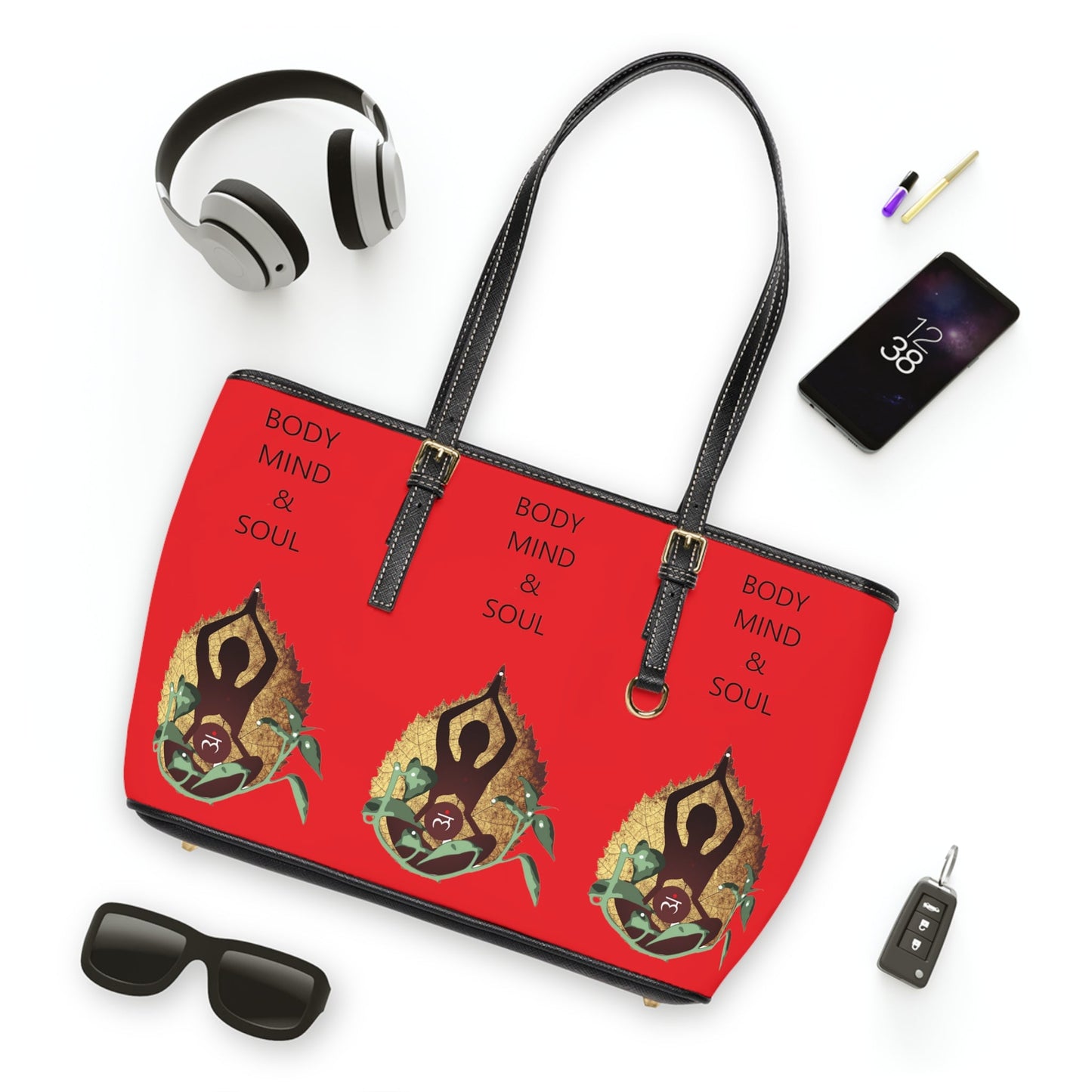 Red "Body Mind & Soul" PU Leather Shoulder Bag
